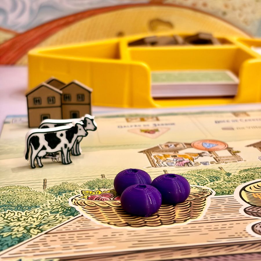 Peças e miniaturas 3D para jogo de tabuleiro temático de fazenda